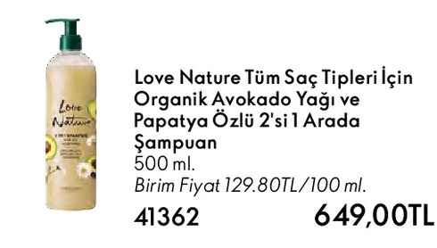Love Nature Tüm Saç Tipleri İçin Organik Avokado Yağı Ve Papatya Özlü 2'Si 1 Arada Şampuan 500 Ml
