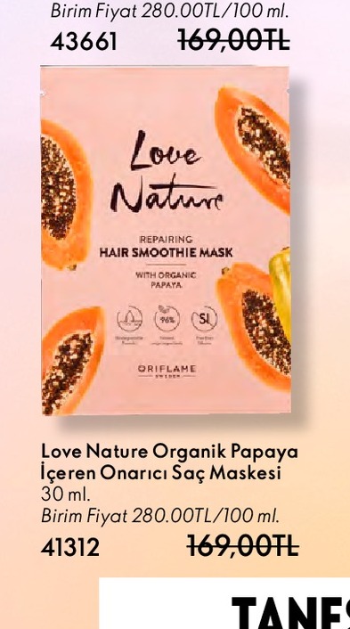 Love Nature Organik Papaya Içeren Onarıcı Saç Maskesi 30Ml