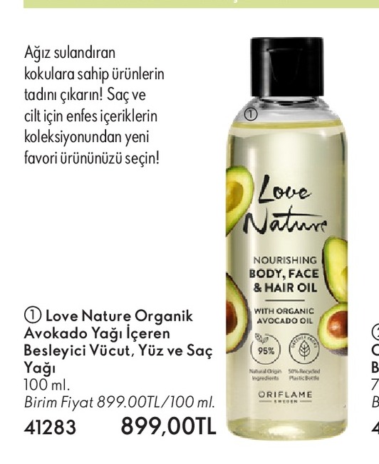 Love Nature Organik Avokado Yağı İçeren Besleyici Vücut, Yüz Ve Saç Yağı 100 Ml