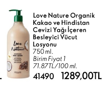 Love Nature Organik Kakao Ve Hindistan Cevizi Yağı Içeren Besleyici Vücut Losyonu 750Ml