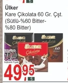 Ülker Kare Çikolata 60 Gr. Çşt. (Sütlü-%60 Bitter-%80 Bitter)