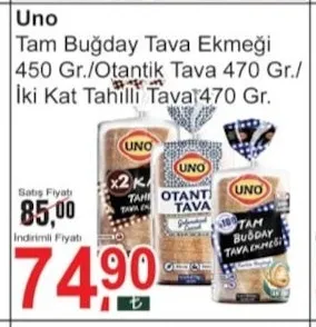 Uno Tam Buğday Tava Ekmeği 450 Gr./Otantik Tava 470 Gr./ Iki Kat Tahıllı Tava 470 Gr.