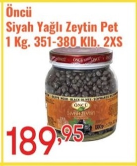Öncü Siyah Yağlı Zeytin Pet 1 Kg 351-380 Klb. 2Xs