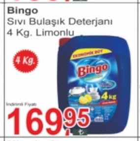 Bingo Sıvı Bulaşık Deterjanı 4 Kg. Limonlu