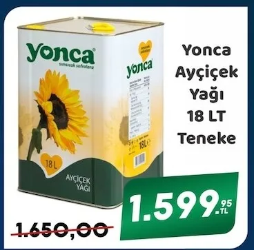Yonca Ayçiçek Yağı 18 Lt Teneke
