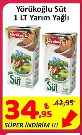 Yörükoğlu Süt 1 Lt Yarım Yağlı