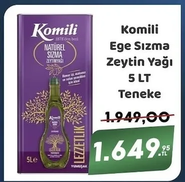 Komili Ege Sızma Zeytin Yağı 5 Lt Teneke
