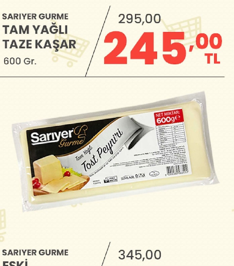 Sariyer Gurme Tam Yağli Taze Kaşar 600 Gr.