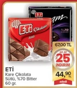 Eti Kare Çikolata Sütlü, %70 Bitter 60 Gr.