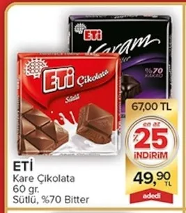 Eti Kare Çikolata 60 Gr. Sütlü, %70 Bitter
