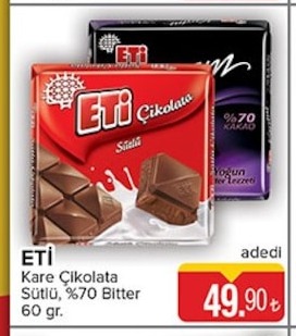 Eti Kare Çikolata Sütlü, %70 Bitter 60 Gr.