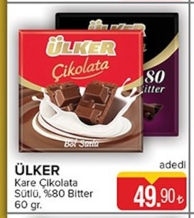 Ülker Kare Çikolata Sütlü, %80 Bitter 60 Gr.