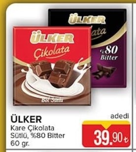 Ülker Kare Çikolata Sütlü %80 Bitter 60 Gr
