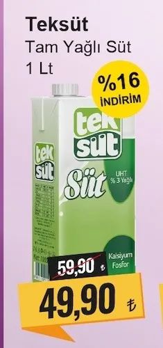 Teksüt Tam Yağlı Süt 1 Lt