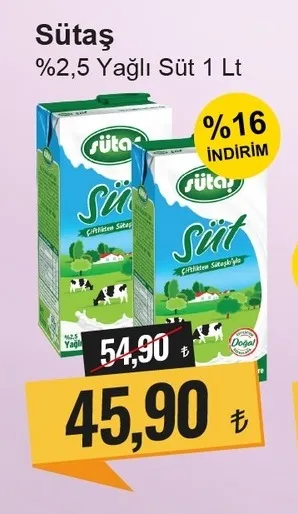 Sütaş %2,5 Yağlı Süt 1 Lt