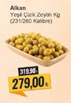 Alkan Yeşil Çizik Zeytin Kg (231/260 Kalibre)