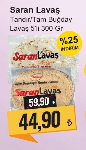 Saran Lavaş Tandır/Tam Buğday Lavaş 5'Li 300 Gr