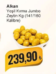 Alkan Yeşil Kırma Jumbo Zeytin Kg (141/160 Kalibre)