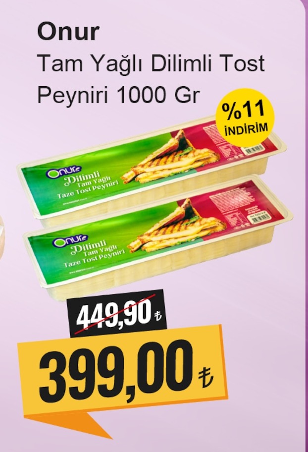 Onur Tam Yağlı Dilimlenmiş Tost Peyniri 1000 Gr