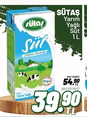 Sütaş Yarım Yağlı Süt 1 L
