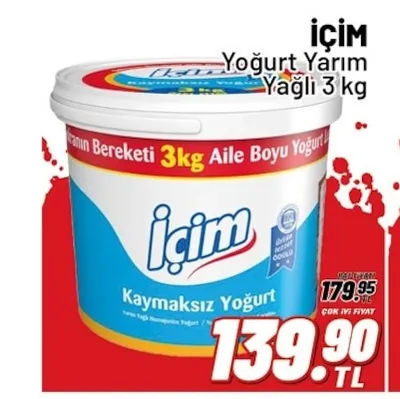 İçim Yoğurt Yarım Yağlı 3 Kg