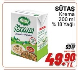 Sütaş Krema 200 Ml % 18 Yağlı