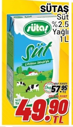 Sütaş Süt %2.5 Yağlı 1 L
