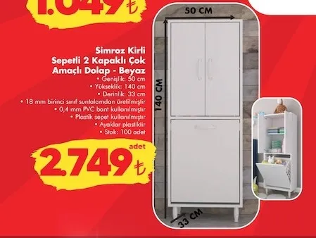 Simroz Kirli Sepetli 2 Kapaklı Çok Amaçlı Dolap - Beyaz