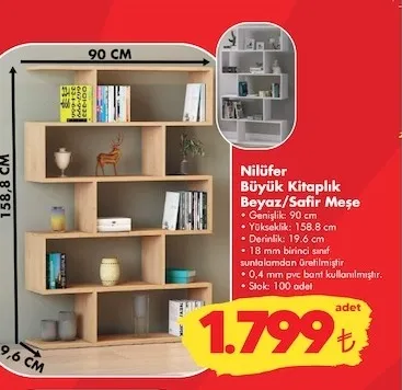 Nilüfer Büyük Kitaplık Beyaz/Safir Meşe