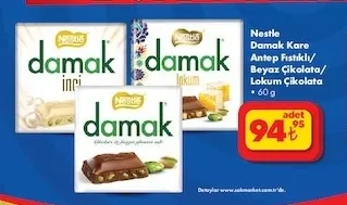 Nestle Damak Kare Antep Fıstıklı/ Beyaz Çikolata/ Lokum Çikolata 60 G