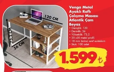 Venga Metal Ayaklı Raflı Çalışma Masası Atlantik Çam Beyaz