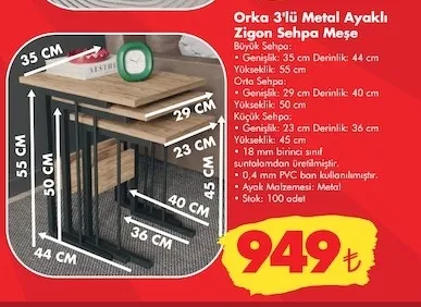 Orka 3'Lü Metal Ayaklı Zigon Sehpa Meşe