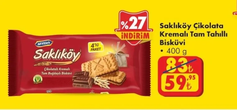 Saklıköy Çikolata Kremalı Tam Tahıllı Bisküvi 400 G