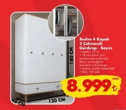 Budva 4 Kapak 2 Çekmeceli Gardırop Beyaz