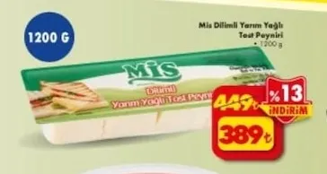 Mis Dilimli Yarım Yağlı Tost Peyniri 1200 G