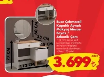 Buse Çekmeceli Kapaklı Aynalı Makyaj Masası Beyaz / Atlantik Çam