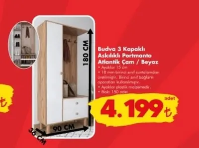 Budva 3 Kapaklı Askılıklı Portmanto Atlantik Çam / Beyaz