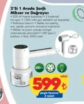 2'Si 1 Arada Şarjlı Mikser Ve Doğrayıcı