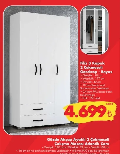 Filiz 3 Kapaklı 2 Çekmeceli Gardırop - Beyaz