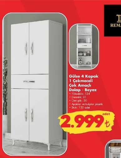 Gülse 4 Kapaklı 1 Çekmeceli Çok Amaçlı Dolap - Beyaz