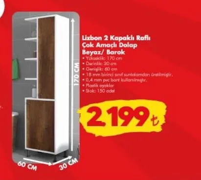 Lizbon 2 Kapaklı Raflı Çok Amaçlı Dolap