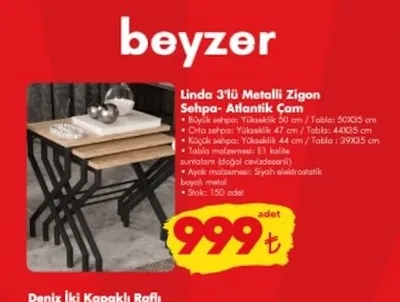 Linda 3'Lü Metalli Zigon Sehpa- Atlantik Çam