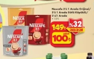 Nescafe 3'Ü 1 Arada Orijinal/ 3'Ü 1 Arada Sütlü Köpüklü/ 2'Si 1 Arada 15'Li