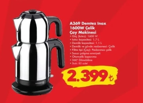 A369 Demtez Inox 1600W Çelik Çay Makinesi