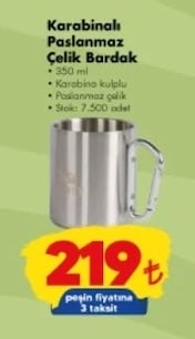 Karabinalı Paslanmaz Çelik Bardak 350 Ml