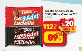 Tadelle Fındık Dolgulu Sütlü/Bitter Çikolata 3'Lü 90G