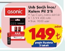 Asonic Usb Şarjlı Kalem Pil 2'Li