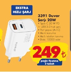 Piranha 3391 Duvar Şarjı 20W