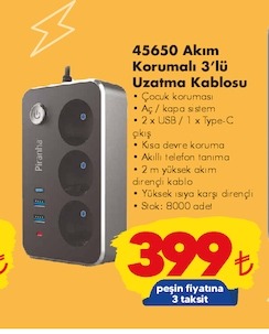Piranha Akım Korumalı 3'Lü Uzatma Kablosu