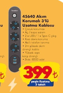 45640 Akım Korumalı 3'Lü Uzatma Kablosu